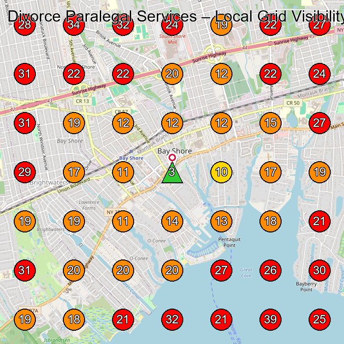 Divorce Paralegal Services GeoGrid visibility map for Dumpster Rental Service in Bay Shore